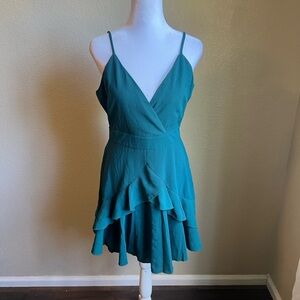 Showpo Teal Green Surplice Wrap Tie Back Ruffle Mini Dress Sz 6 V Neck Sleeveles